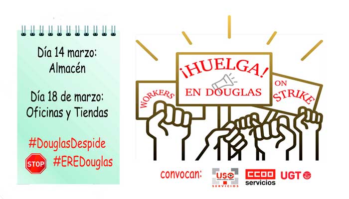 Cartel convocatoria de huelga en almacén, oficinas y tiendas de perfumerías Douglas en España