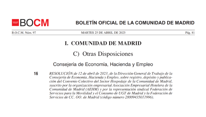 Boletín oficial Convenio Hospedaje Madrid