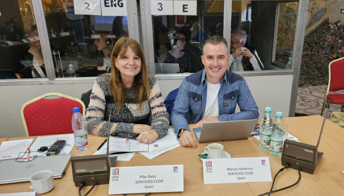 Pilar Rato y Marcos Gutiérrez CCOO Servicios en la reunión de la alianza sindical europea de supermercado de UNI Comercio