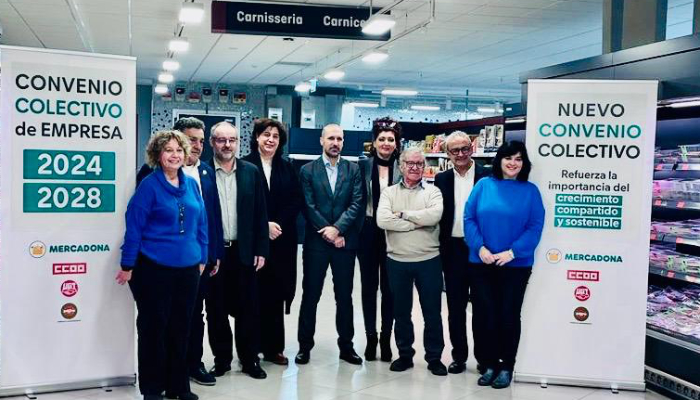 Representantes de UGT, de CCOO, del Sindicato Independiente y de Mercadona en el Centro de Coinnovación Jarrods en Paterna, València