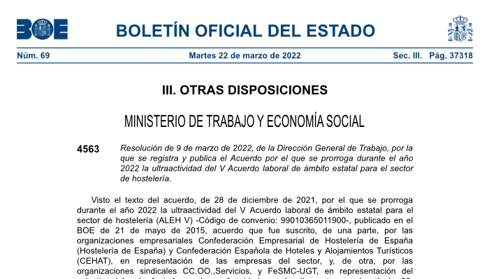 Captura portada Publicación en el Boletín Oficial del Estado (BOE - 22/03/2022) el Acuerdo por el que se prorroga el Acuerdo laboral de ámbito estatal