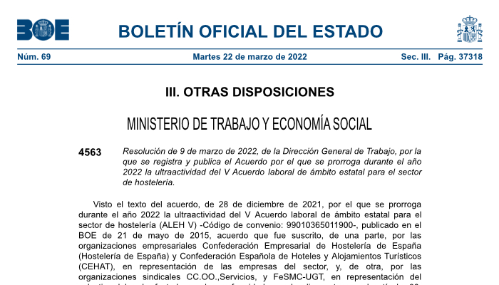 Captura portada Publicación en el Boletín Oficial del Estado (BOE - 22/03/2022) el Acuerdo por el que se prorroga el Acuerdo laboral de ámbito estatal