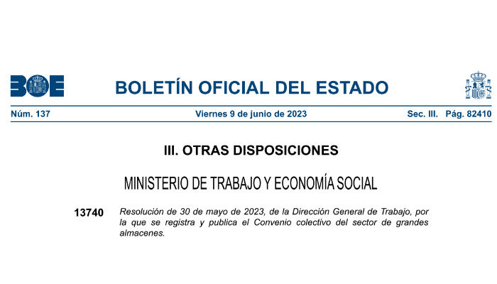 portada BOE publicación Convenio Colectivo del sector de Grandes Almacenes