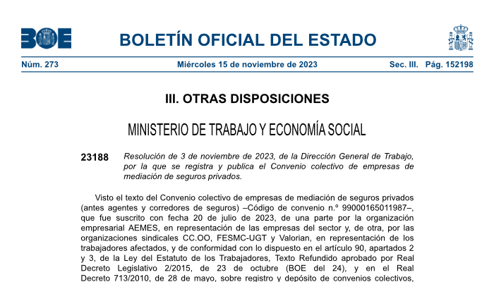 BOE Convenio colectivo mediación Seguros privados