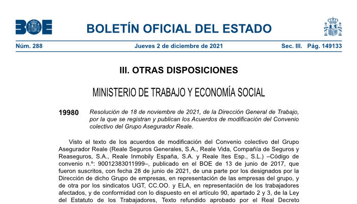 portada publicación acuerdos convenio Reale Seguros