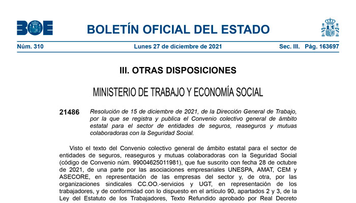 imagen portada BOE convenio seguros