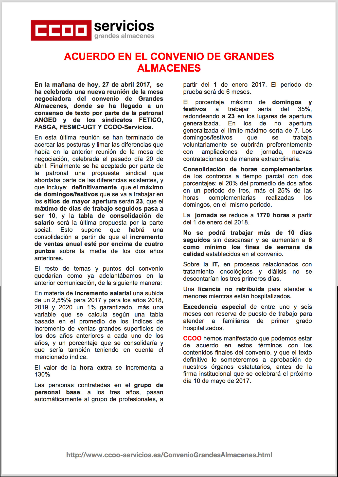 Pagina 1 del Octavo comunicado GGAA. Firma Convenio de grandes almacenes