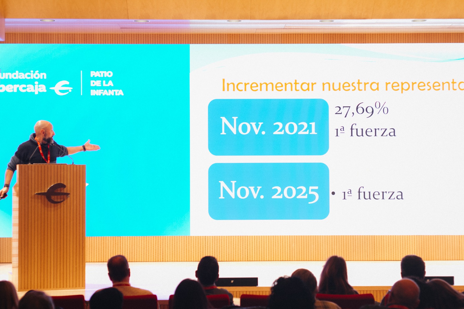 Michi Villalba en la presentación del informe balance durante el Plenario de la Sección Sindical de Ibercaja