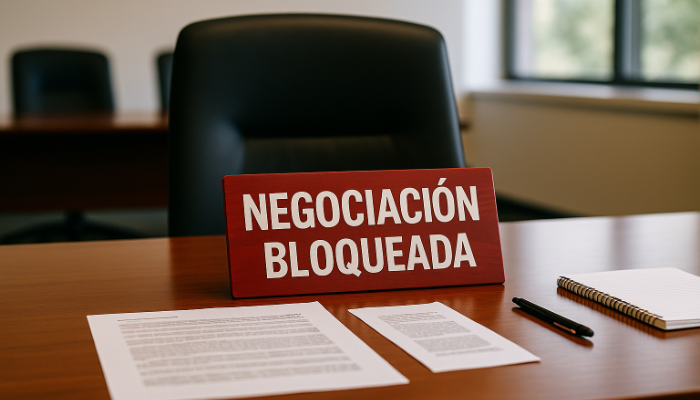 Reunión sindical vacía con silla vacía frente a documentos de negociación bloqueada, simbolizando la ausencia de propuestas por parte de la patronal.