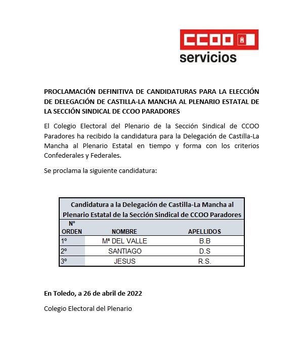 Candidatura de CLM al Plenario Estatal de la SS de CCOO Paradores de Turismo