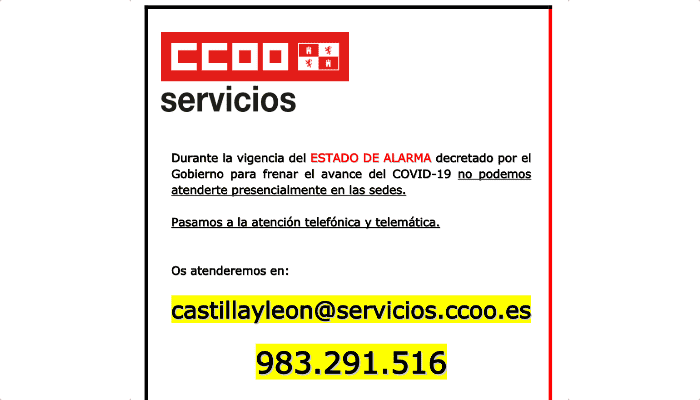 Atencion de CCOO en crisis Coronavirus Castilla y León