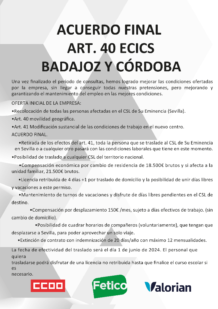 CCOO ECICS ACUERDO FINAL ARTICULO ART 40 BADAJOZ Y CORDOBA 