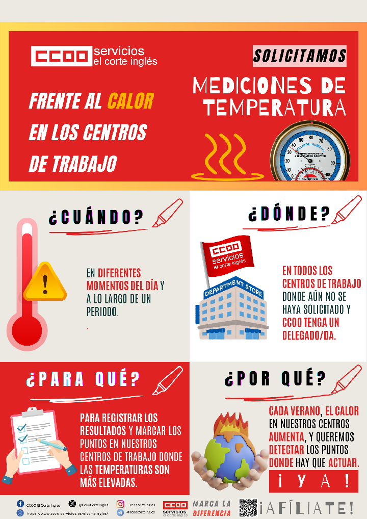 CCOO ECI CALOR EN LOS CENTROS DE TRABAJO ESTRÉS TÉRMICO POR CALOR SOLICITAMOS MEDICIONES DE TEMPERATURA ANTICIPAR ALTAS TEMPERATURAS VERANO