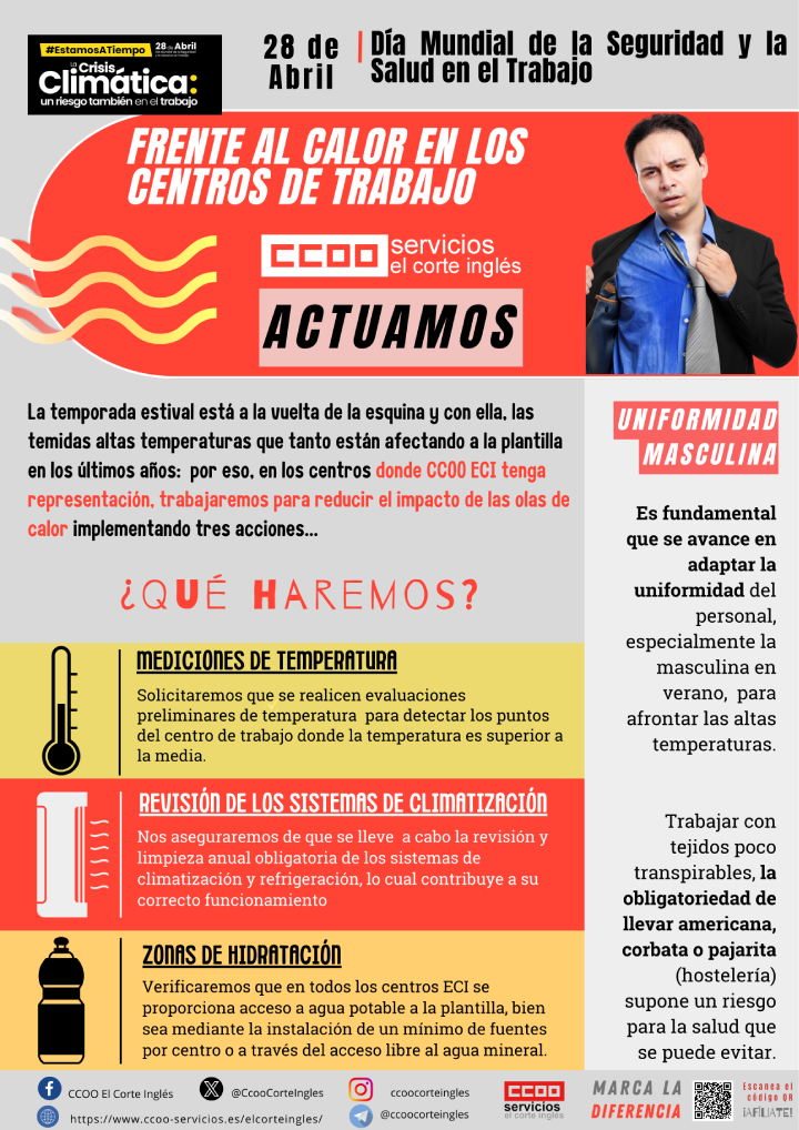 CCOO ECI 28 DE ABRIL DE 2024 DIA MUNDIAL DE LA SEGURIDAD Y SALUD EN EL TRABAJO CALOR EN LOS CENTROS DE TRABAJO