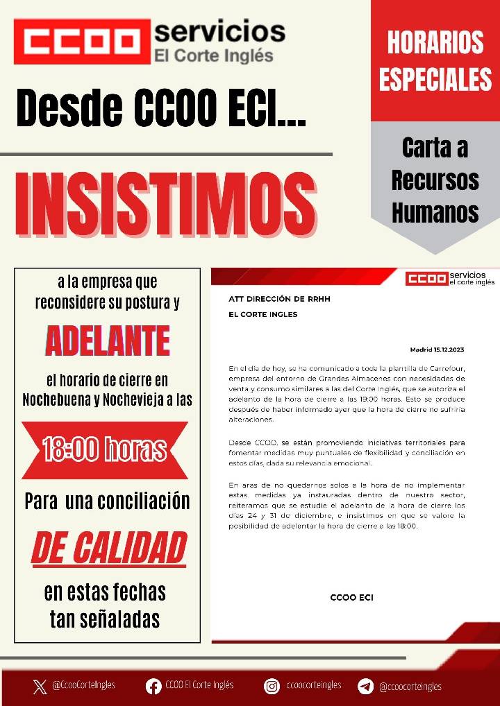 CCOO ECI INSISTE CIERRE CENTROS COMERCIALES NOCHEBUENA NOCHEVIEJA DIAS 24 Y 31 DE DICIEMBRE 2023 ECI EL CORTE INGLES