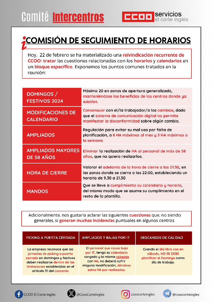 COMISIÓN DE SEGUIMIENTO DE HORARIOS ECI CCOO ECI EL CORTE INGLES