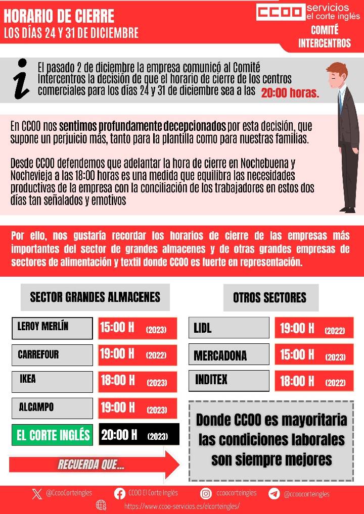 HOARIO CIERRE ESPECIAL NOCHEBUENA NOCHEVIEJA 2023 24 Y 31 DE DICIEMBRE CENTROS COMERCIALES EL CORTE INGLES CCOO