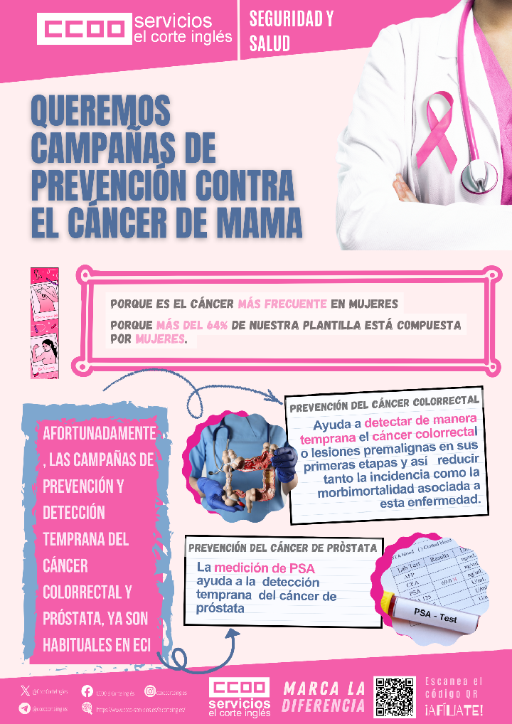 CCOO ECI QUEREMOS CAMPAÑAS DE PREVENCIÓN DEL CÁNCER DE MAMA SEGURIDAD Y NSALUD LABORAL EL CORTE INGLÉS