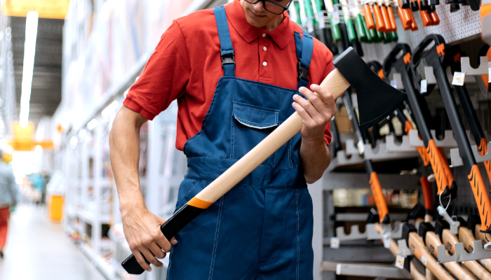 empleado de ferretería mirando marca hacha