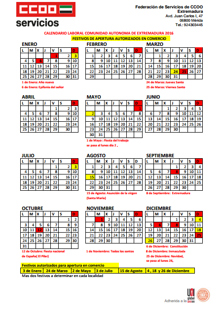 Calendario comercio Extremadura