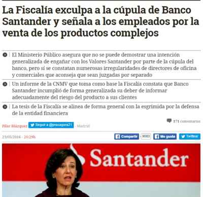 Venta de productos financiero. Exculpada cupula Santander