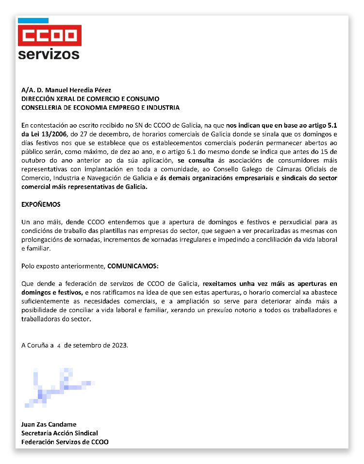Contestación carta Xunta Galicia aperturas comercio domingos festivos