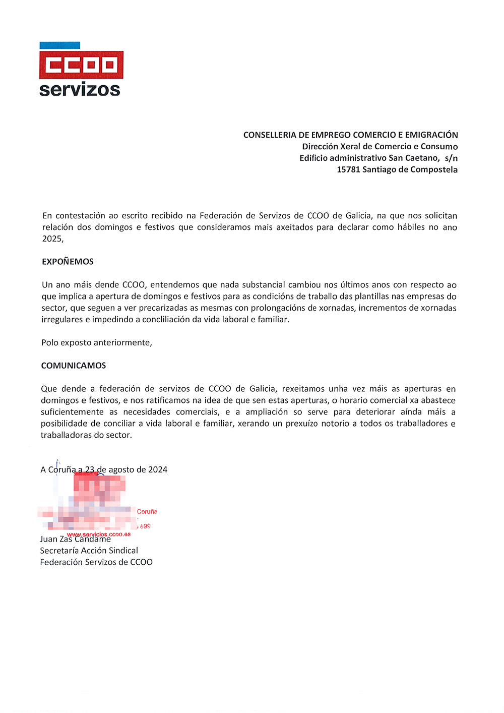 Contestación carta Xunta Galicia aperturas comercio domingos festivos
