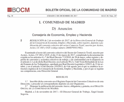 img portada BOCM Convenio Comercio textil