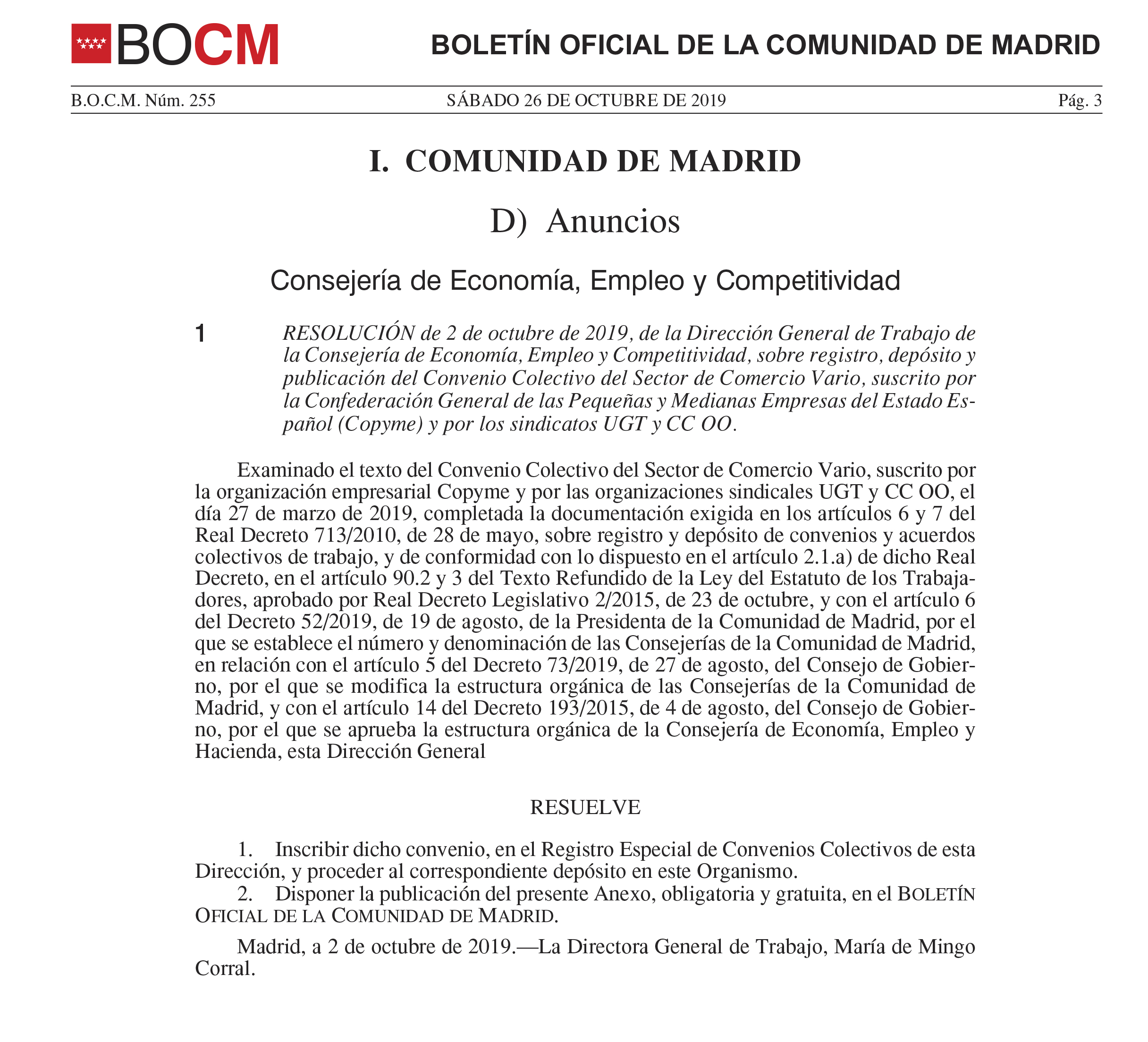 Boletin oficial convenio comercio Madrid