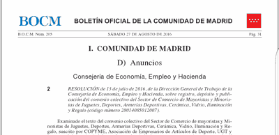 Convenio colectivo de Comercio de Juguetes, Deportes, Armerías Deportivas, Cerámica, Vidrio, iluminación y regalo de la Comunidad de Madrid