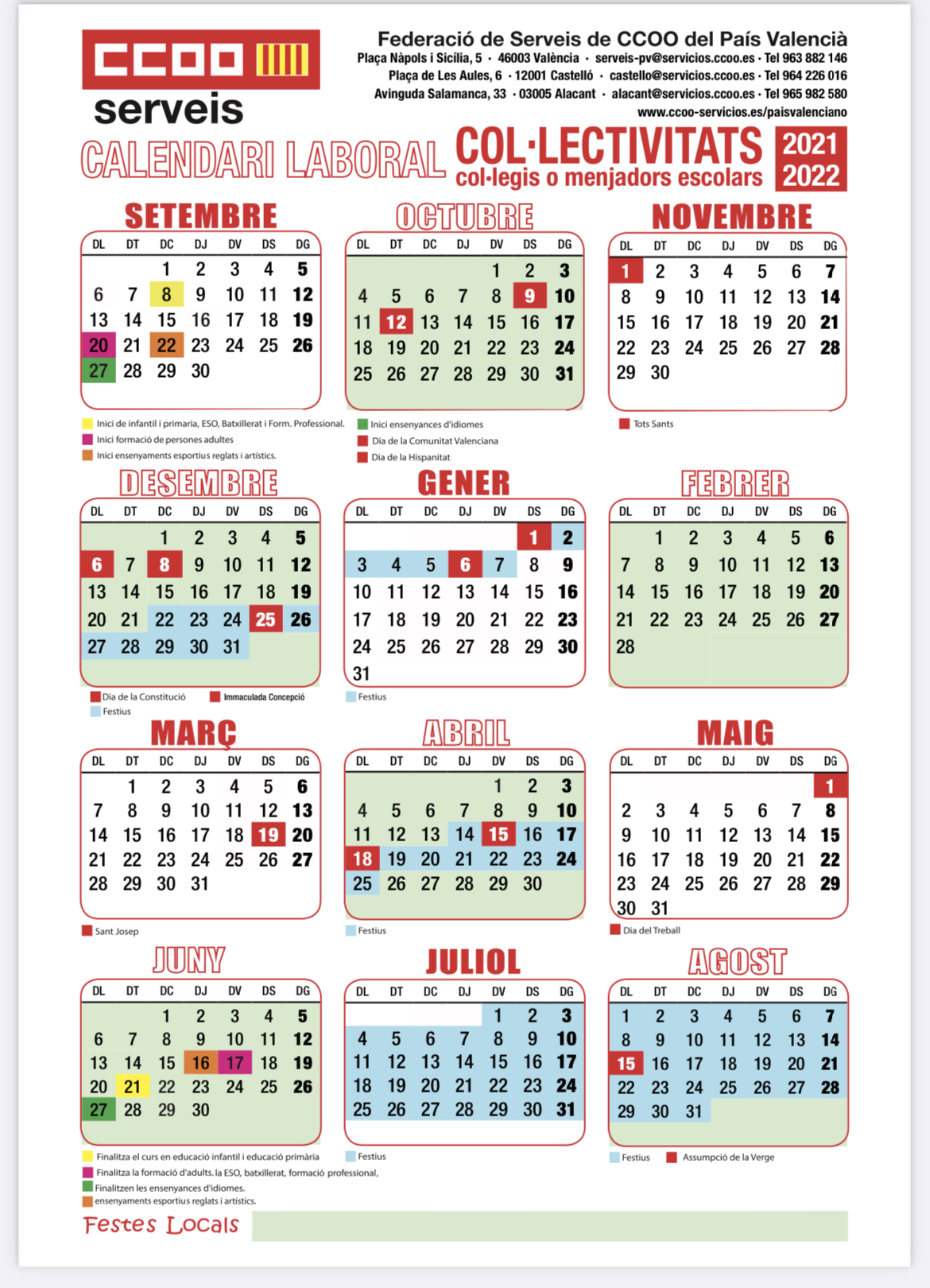Calendario escolares-Empresas restauración colectiva
