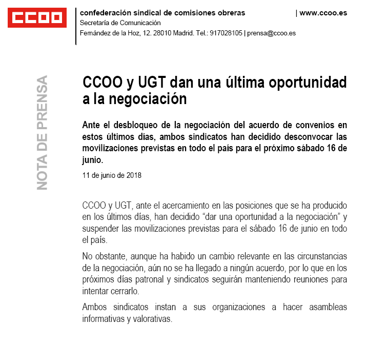 Nota de prensa ccoo 16J