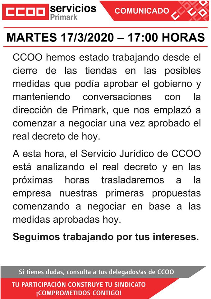 ccoo primark medidas urgentes coronavirus covid19