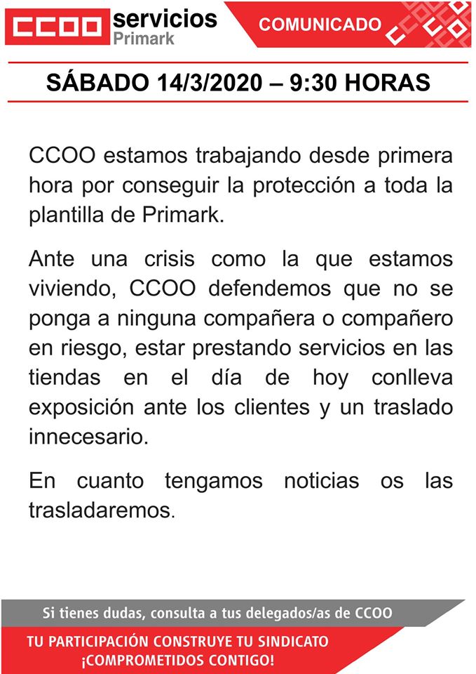 ccoo servicios primark coronavirus covid19