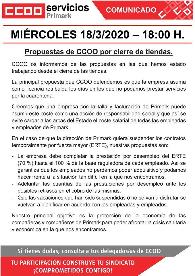 ccoo primark propuestas cuarentena covid19 coronavirus