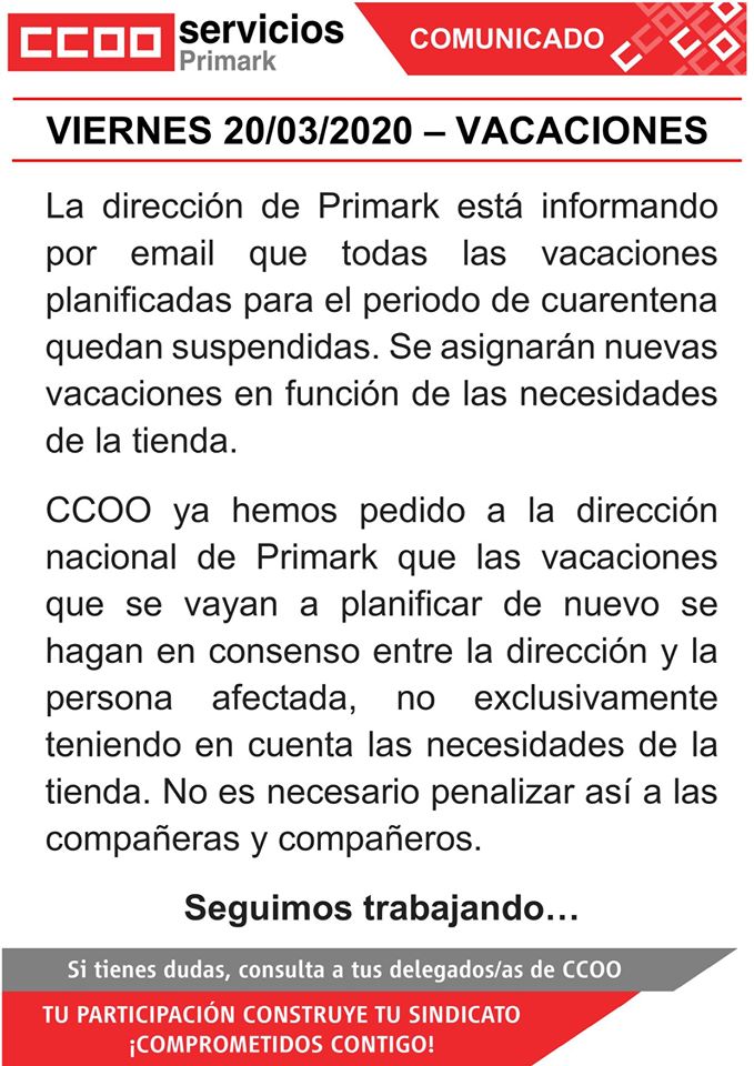 ccoo primark vacaciones covid19 coronavirus