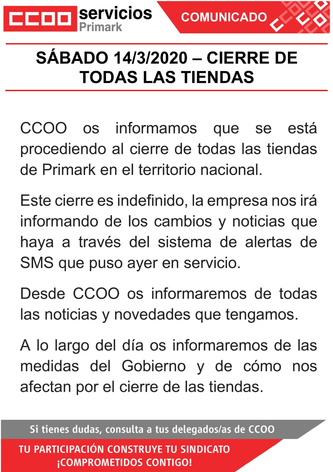 ccoo primark cierre coronavirus covid19