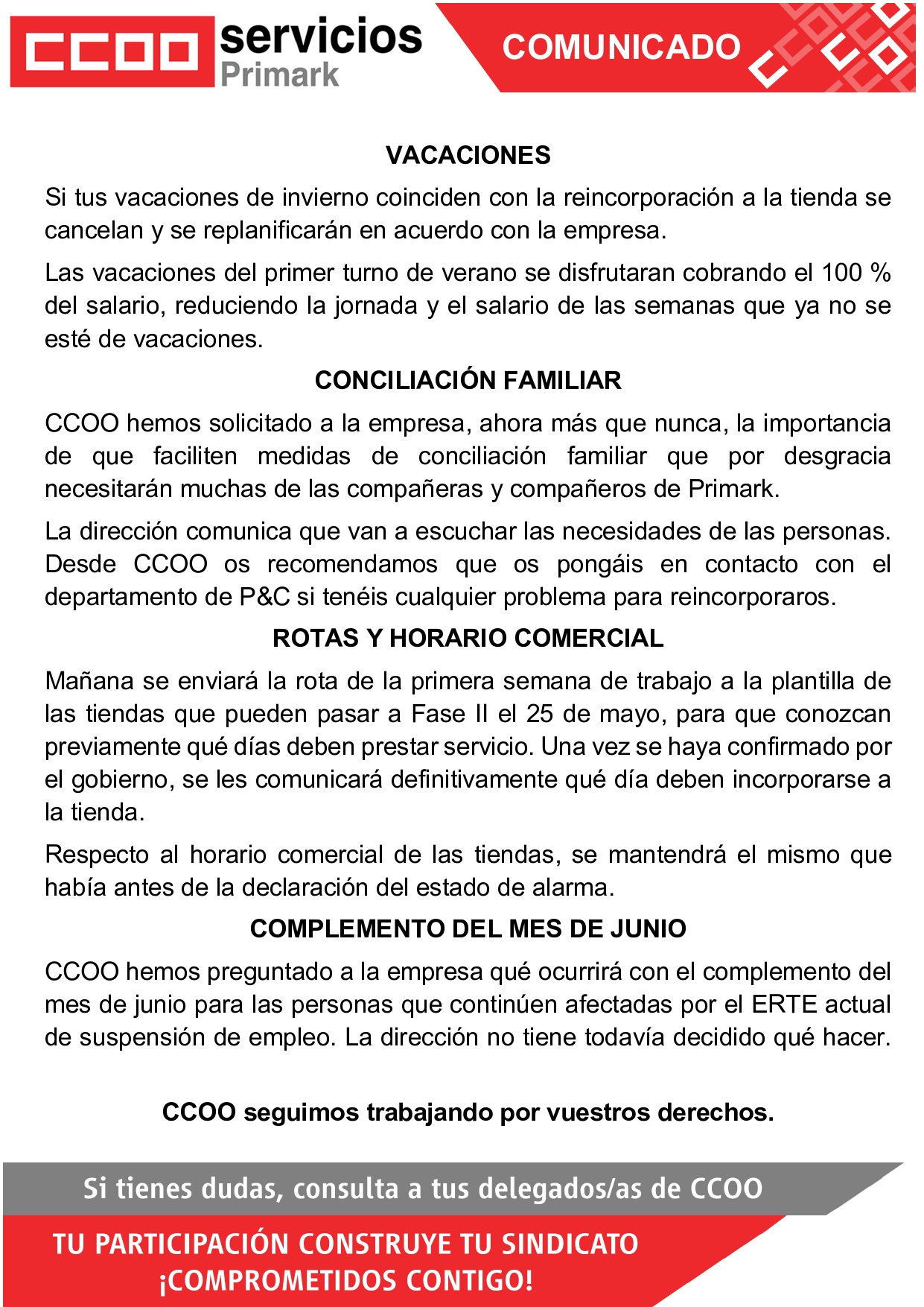 CCOO PRIMARK CORONAVIRUS COVID19 REAPERTURA REUNIÓN INTERCENTROS