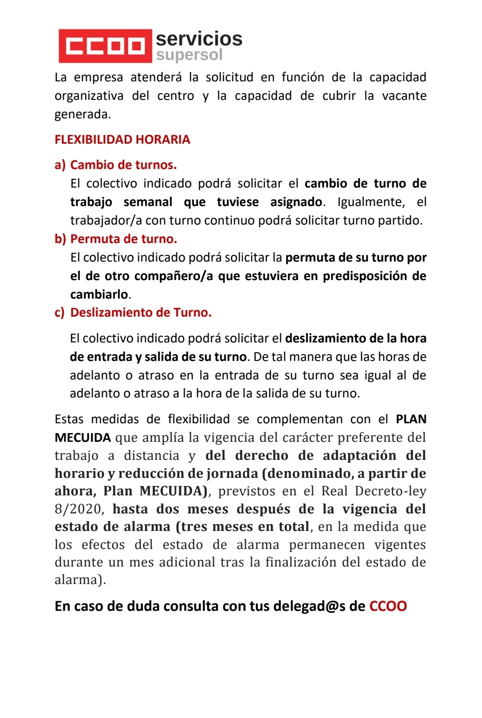 Supersol medidas de flexibilidad interna y Plan Mecuida Supersol