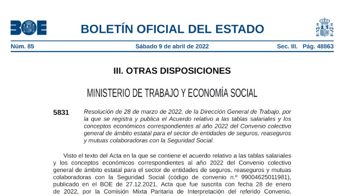 captura portada BOE tablas salariales 2022 Convenio Seguros