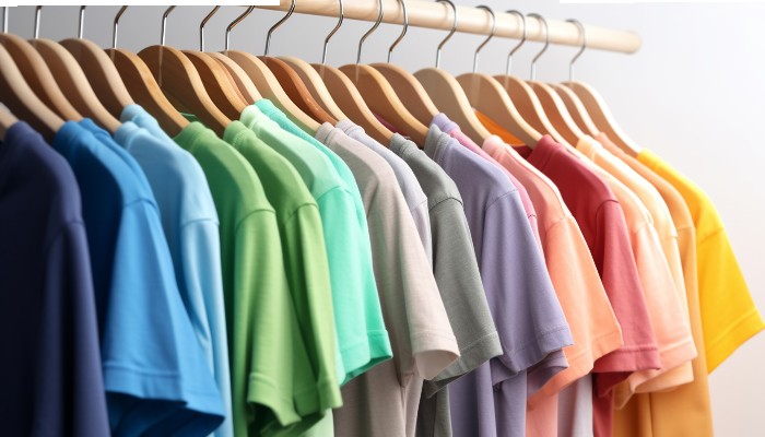 estante de perchas con camisetas de diferentes colores